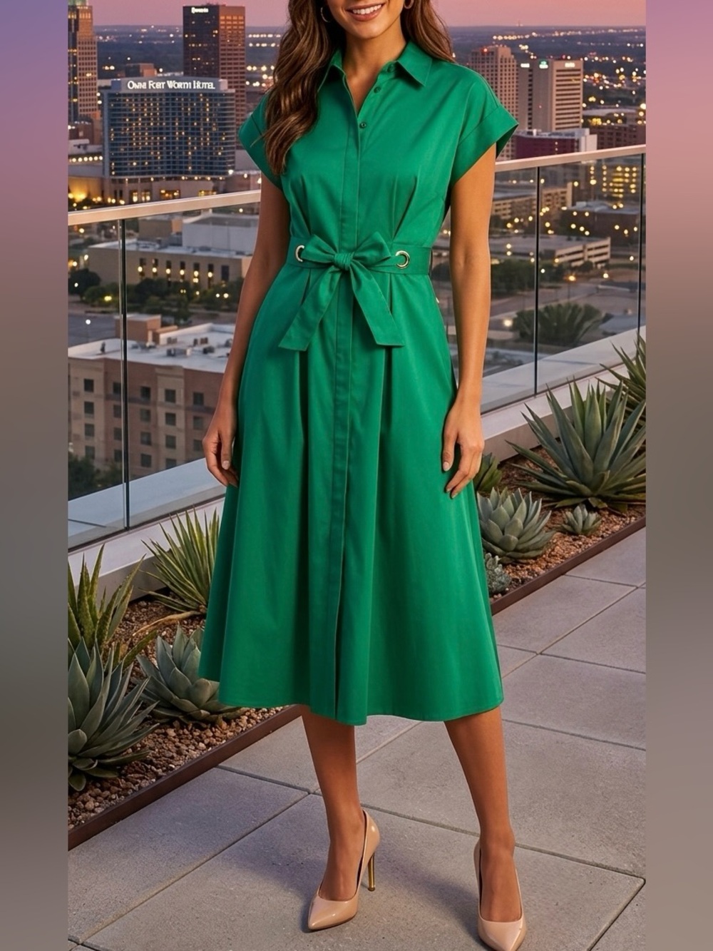 Donna Karan Emerald Green Tie-Waist Midi Shirt Dress